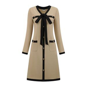 Women's A-Line Dress Contrast Color V Neck Long Sleeve Work Dress Khaki